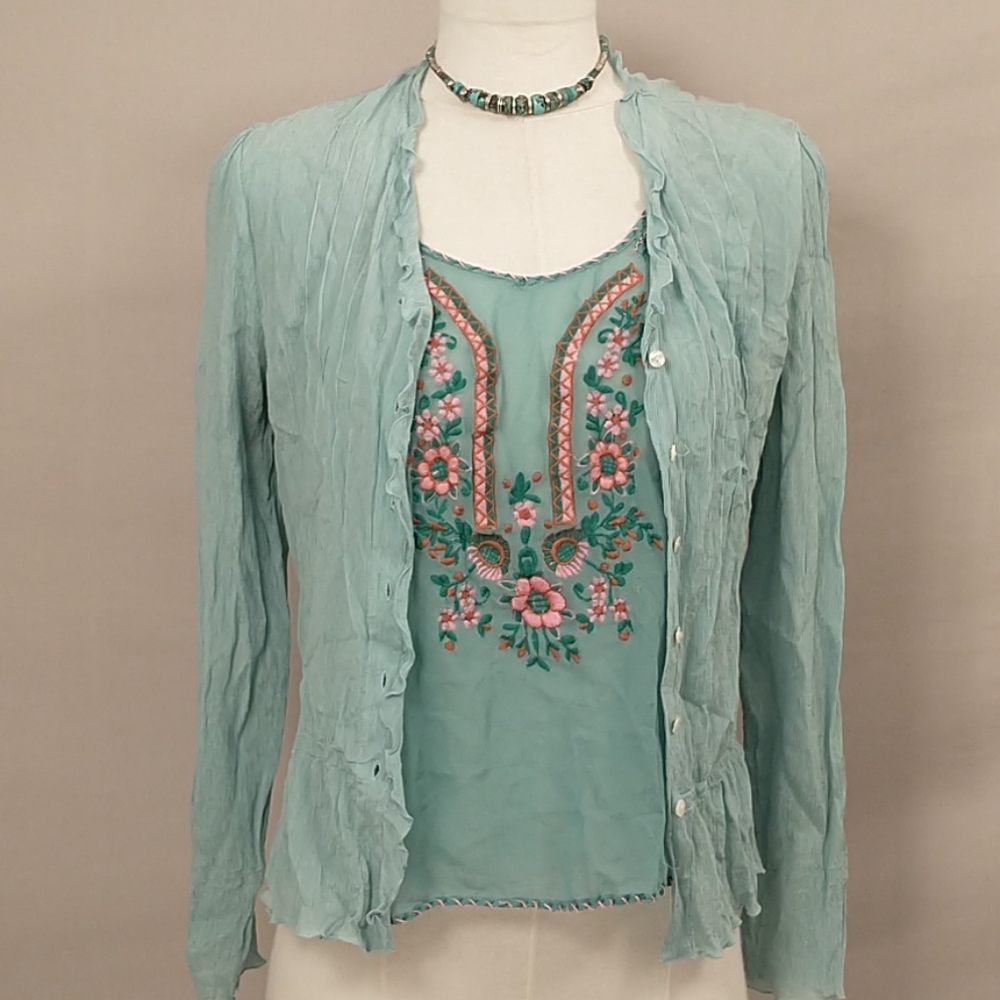2 Silk Tops Aqua SS Peasant & Button Front Lon Slv - Picture 13 of 14